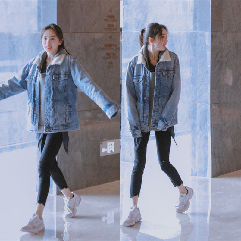 Yang power Tongtong Cashmere Loose Denim Jacket Warm Thickening thickened European and American Aging Fur Collar Jacket Winter New Women