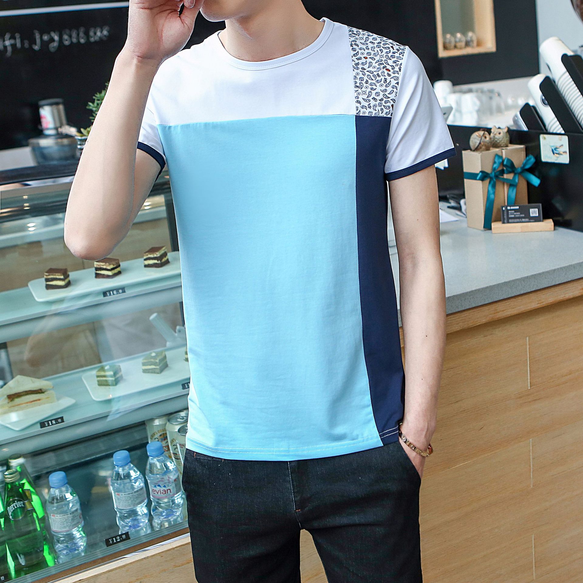 Faucet benchmark tide brand men's casual T-shirt 2018 summer new men's striped color matching short-sleeved T-shirt spot