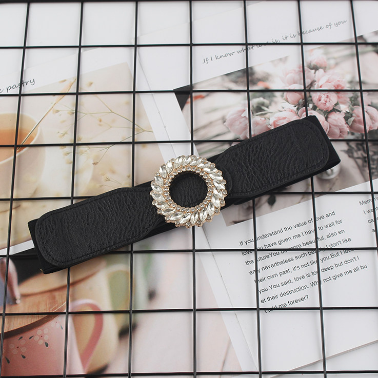 PU Leather High Elastic Wide Belt for Women Stretch Waist Belt for Dress Autumn Stretch Women Belts White Red Pearl Buckle Belt