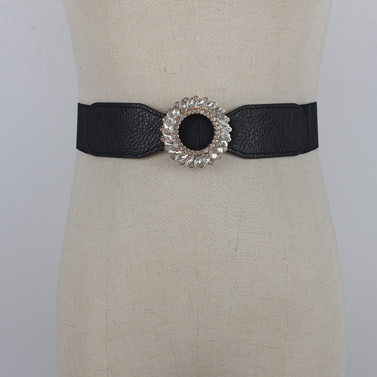 PU Leather High Elastic Wide Belt for Women Stretch Waist Belt for Dress Autumn Stretch Women Belts White Red Pearl Buckle Belt