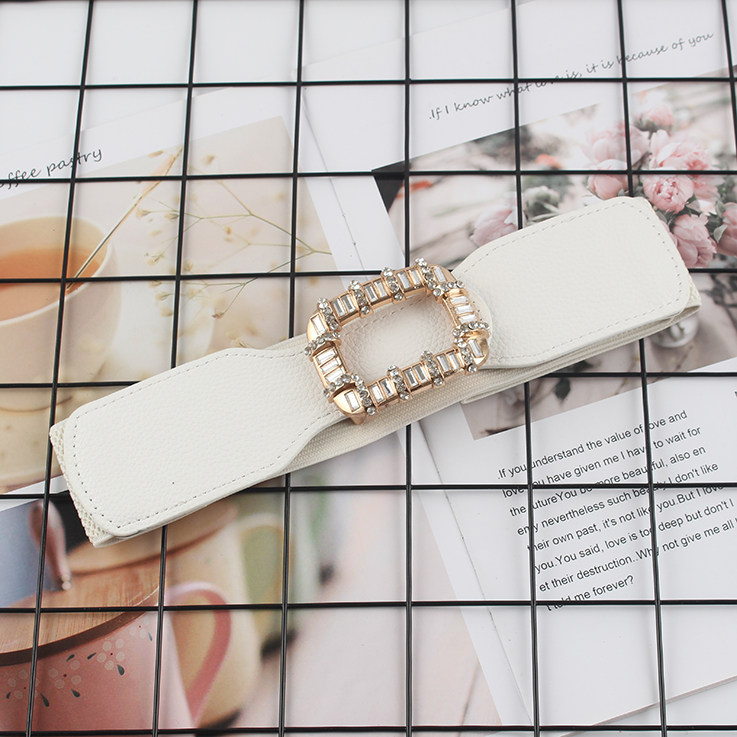 PU Leather High Elastic Wide Belt for Women Stretch Waist Belt for Dress Autumn Stretch Women Belts White Red Pearl Buckle Belt