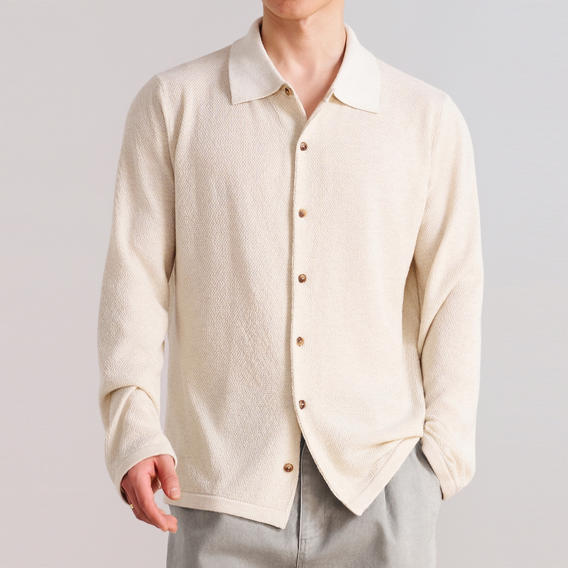 Relaxed Texture Knit Long-Sleeve Shirt, Multi-Material Breathable Blend, Summer Vacation Old Money Style, Machine Washable