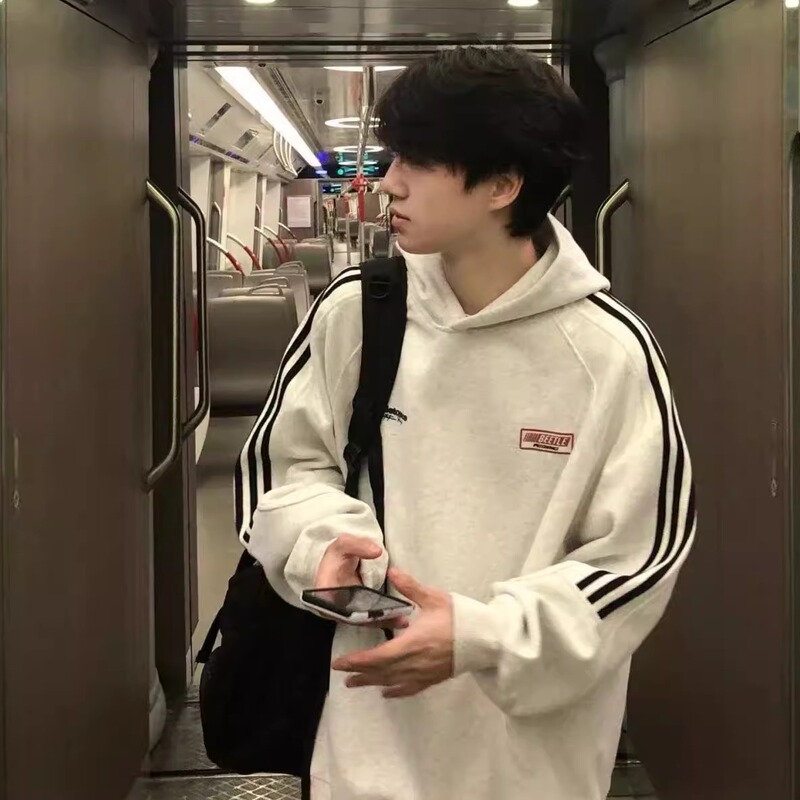 American-Style Three-Stripe Retro Trendy Brand Heavy Fleece-Lined Hooded Sweatshirt for Men, Autumn and Winter Striped Couple's Jacket