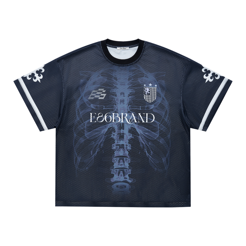 E86Brand Mesh Skeleton Design Trendy Brand X-Ray Print Loose Jersey Style Breathable Cool Quick-Dry Short Sleeve