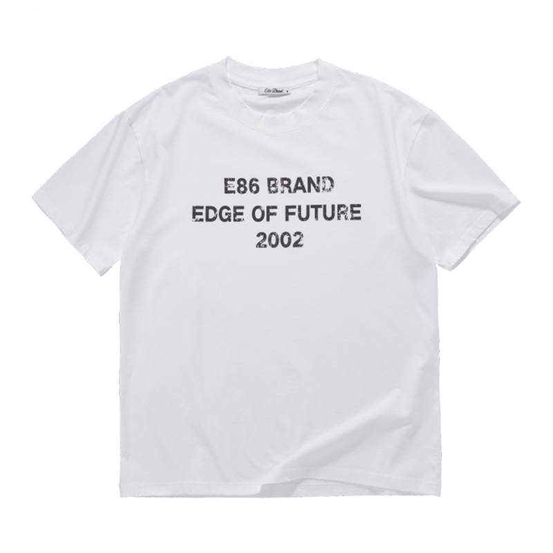 E86Brand 2002 Time Travel Washed-Out Distressed Letter Print Loose Short-Sleeve T-Shirt Pure Cotton Unisex Style