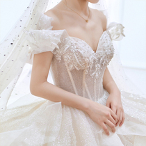 One-shouldered main wedding dress luxury starry sky French Hepburn King slightly trailing flash bling autumn and summer cover arm