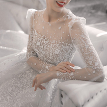 (ice and snow)New starry sky French long-sleeved one-shoulder dream main wedding dress autumn Korean version autumn tail flash bling
