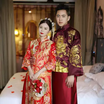 New autumn dragon and phoenix hanging emperor size Wufu Xiuhe suit Malay suit diamond wedding dress Chinese long-sleeved 2021 cheongsam for pregnant women