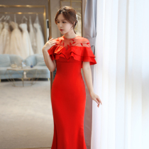 (South Branch)fishtail autumn and summer elegant word shoulder big red long dress toast dress annual party evening dress female Xiaomingyuan