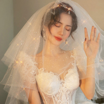 Flash diamond double-layer soft veil wedding license short ultra-long simple bling sequins luxury forest travel accessories