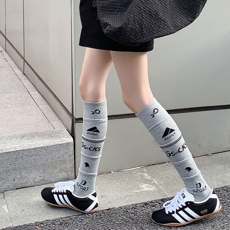 Gray Multi-Layered Patchwork Letter Calf Socks, Sporty Style, Sweet and Cool, Hot Girl Soccer Socks, Long Tube Slouch Socks, Trendy Socks Gray Multi-Layered Patchwork Letter Calf Socks, Sporty Style, Sweet and Cool, Hot Girl Soccer Socks, Long Tube Slouch Socks, Trendy Socks