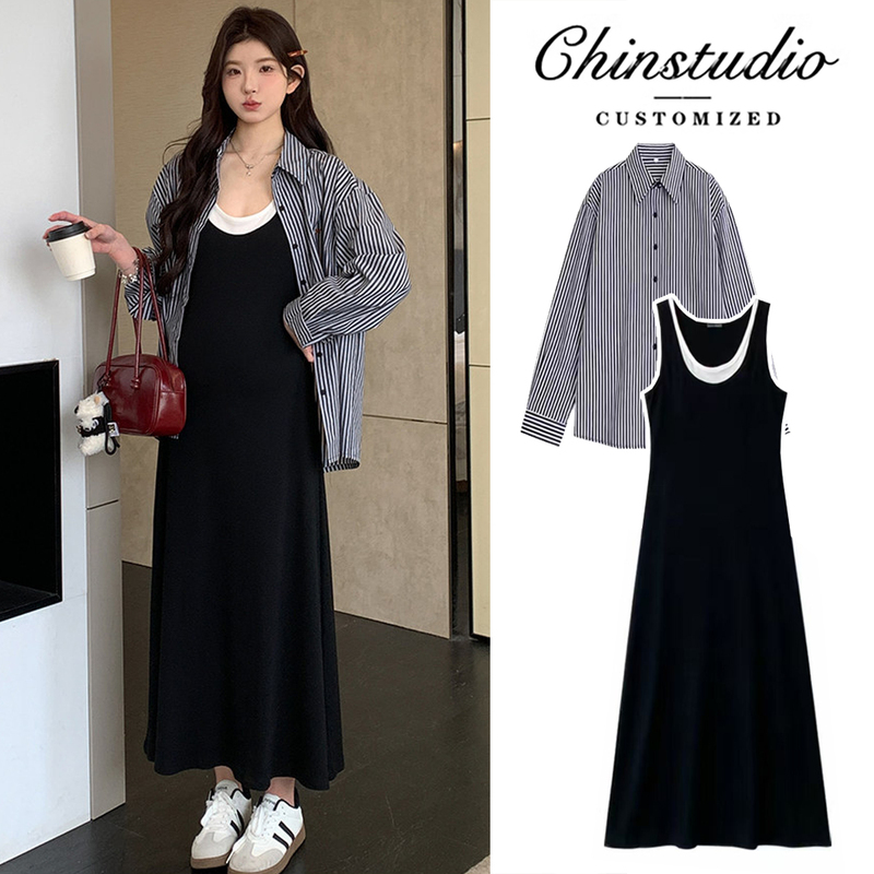 Maternity Wear Spring 2026 New Dress Casual Style Shirt Vest Dress Set Spring High-End Outfit for Pregnant Mothers