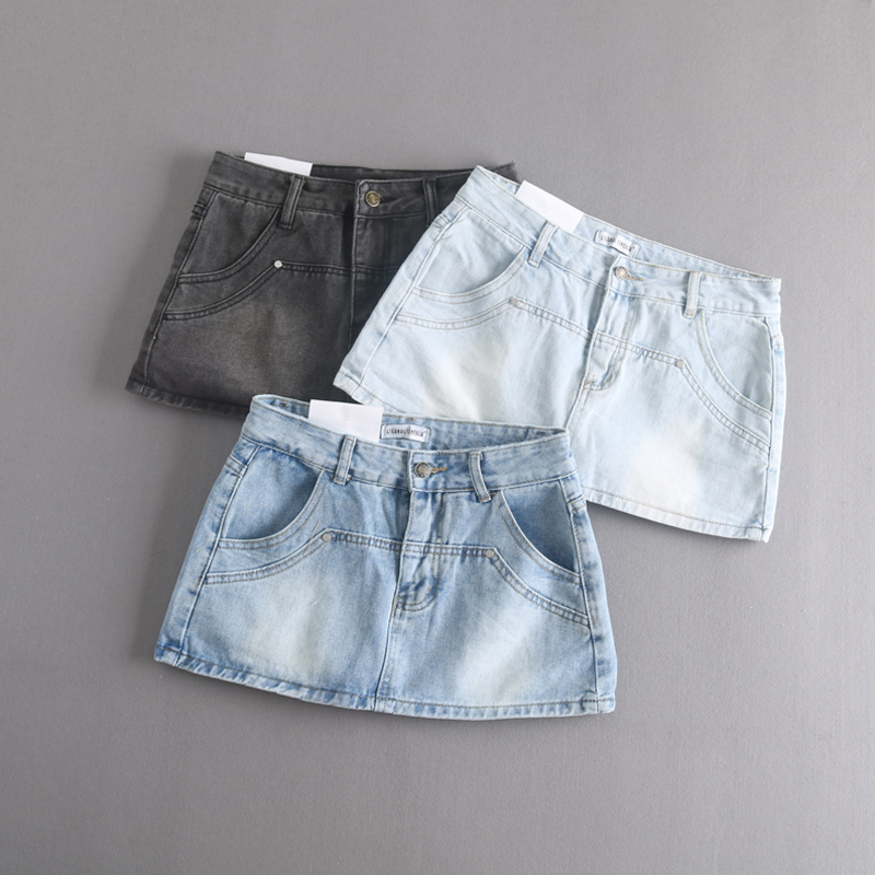 American-Style Niche Hot Girl Washed and Faded Ultra-Short Denim Skirt for Women, Vintage Sexy Bodycon Skirt, Anti-Exposure Low-Waist Mini Skirt