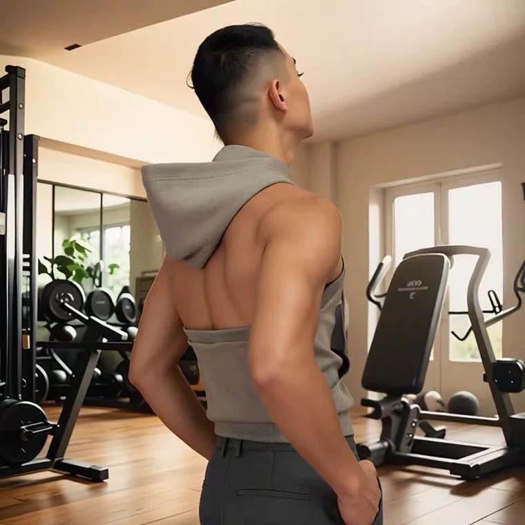 Gray-Green Backless Hooded Vest Sleeveless Sweatshirt Short Slim-Fit Sports Elastic Zipper Jacket Vest for Men and Women Sports