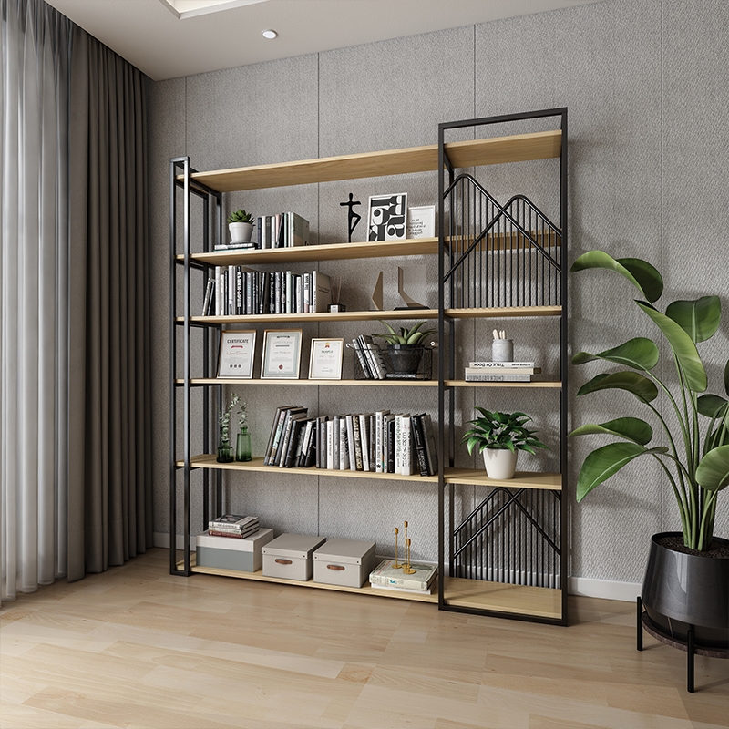 Nordic art solid wood bookshelf simple creative floor home living room office wrought iron rack multi-layer bookcase