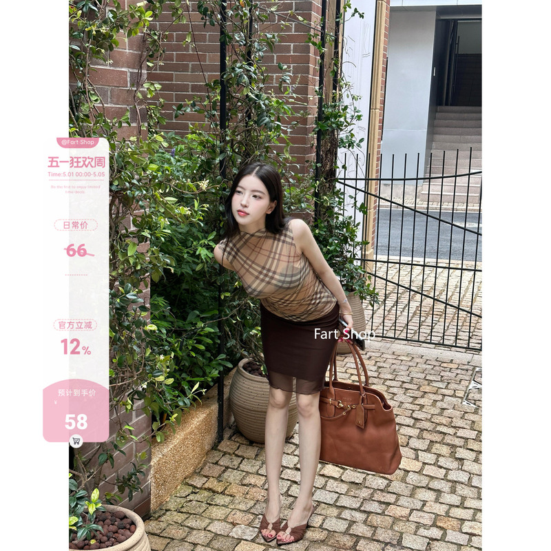 【Fart Shop】 Classic Plaid Half-High Collar Sleeveless Top for Women, High-Transparency, Lightweight, Waist-Cinching, Slimming Tank Top