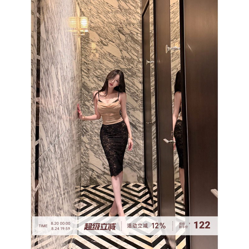 【Farte Shop】Vintage Style Black Lace High Elastic Double Layer Mesh Skirt for Women, Spring/Summer, Bodycon
