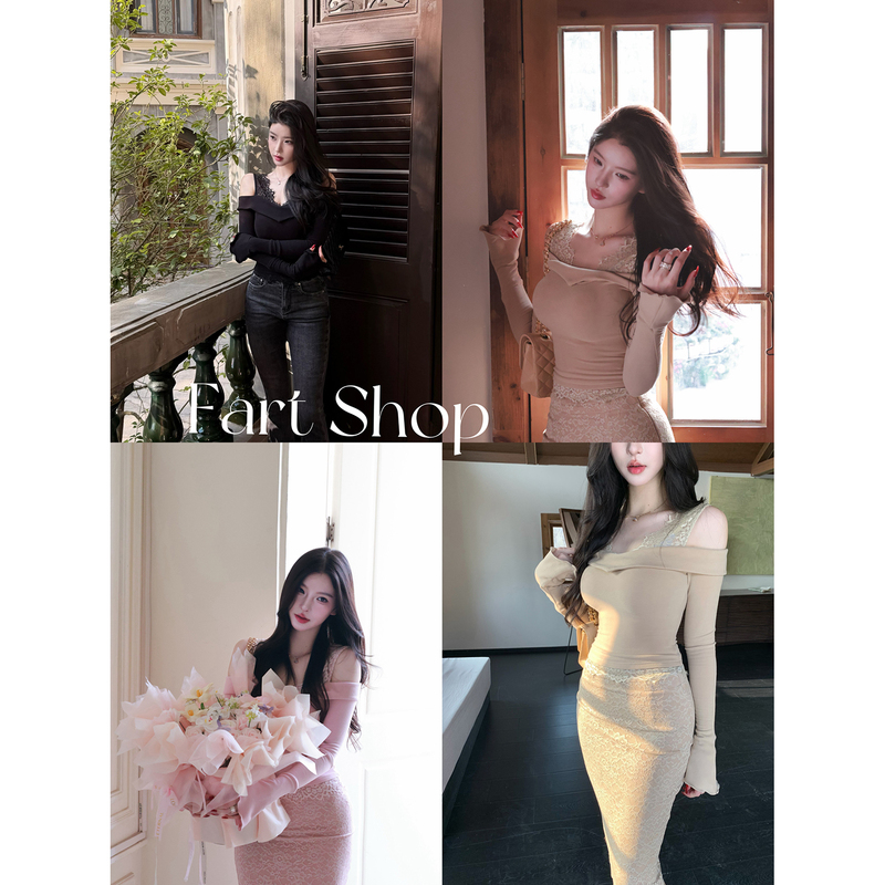 【Fart Shop】Heart Lace Off-Shoulder Pure Desire T-Shirt for Women, Autumn and Winter Waist-Cinching Lace Trim Top 【Fart Shop】Heart Lace Off-Shoulder Pure Desire T-Shirt for Women, Autumn and Winter Waist-Cinching Lace Trim Top