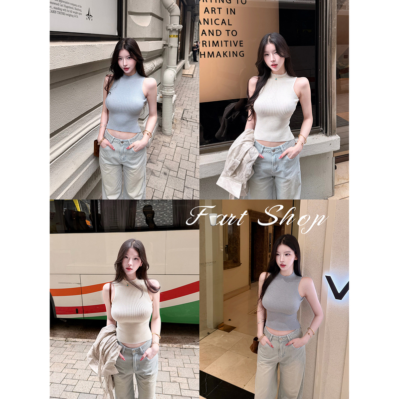 【Farte Shop】Haiji Diary Sleeveless Ribbed Half-High Collar Vest for Women, Summer Outerwear, Waist-Cinching Short Top