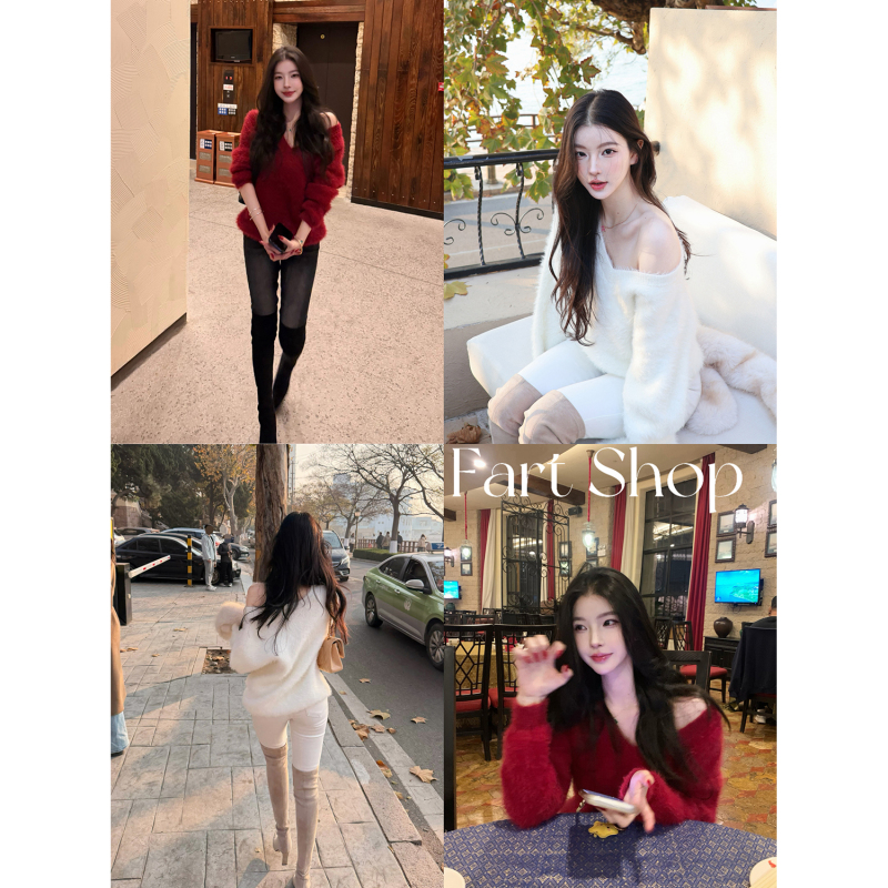 【Fart Shop】Rourou Milk Rabbit V-Neck Mink Velvet Sweater for Women, Autumn and Winter Soft and Cozy Christmas Pullover Knitwear