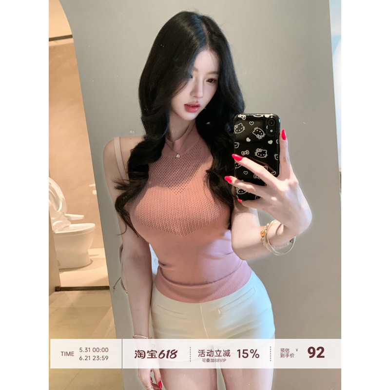 【Fart Shop】Pink Anchor Point Light Pink Hollow Breathable Halter Top Women's Spring/Summer Waist-Cinching Top 【Fart Shop】Pink Anchor Point Light Pink Hollow Breathable Halter Top Women's Spring/Summer Waist-Cinching Top