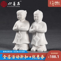 White marble funerary ornaments Boy and girl natural stone carving Boy and girl servant and maid funeral supplies