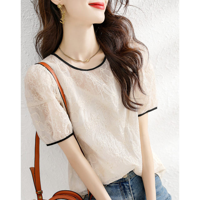 Leakage Clearance Outlets counter big brand cutting label embroidery lace thin T-shirt summer simple top women's fashion