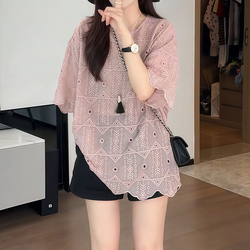 Pink Crochet Hollow Lace Shirt for Women, Summer Short-Sleeved New Style, French Lazy Style, Loose and Versatile Mid-Length Top