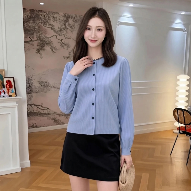 Striped Blue Shirt for Women 2026 Autumn New Lace Trim Round Neck Blouse French Style High-End Elegant Top Striped Blue Shirt for Women 2026 Autumn New Lace Trim Round Neck Blouse French Style High-End Elegant Top
