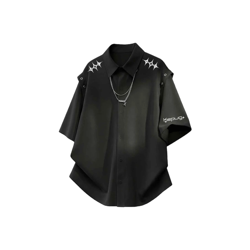 Tldv American Retro Shoulder Star Art Print Basic Solid Color Necklace Metal Buckle Short-Sleeved Shirt