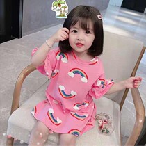 Girls t-shirt dress 2021 summer female baby new skirt cute Korean version rainbow T medium long childrens dress