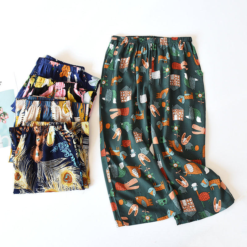 Cool and breathable artificial cotton pajamas women's cropped pants cotton silk summer loose cotton thin home pants air-conditioning pants
