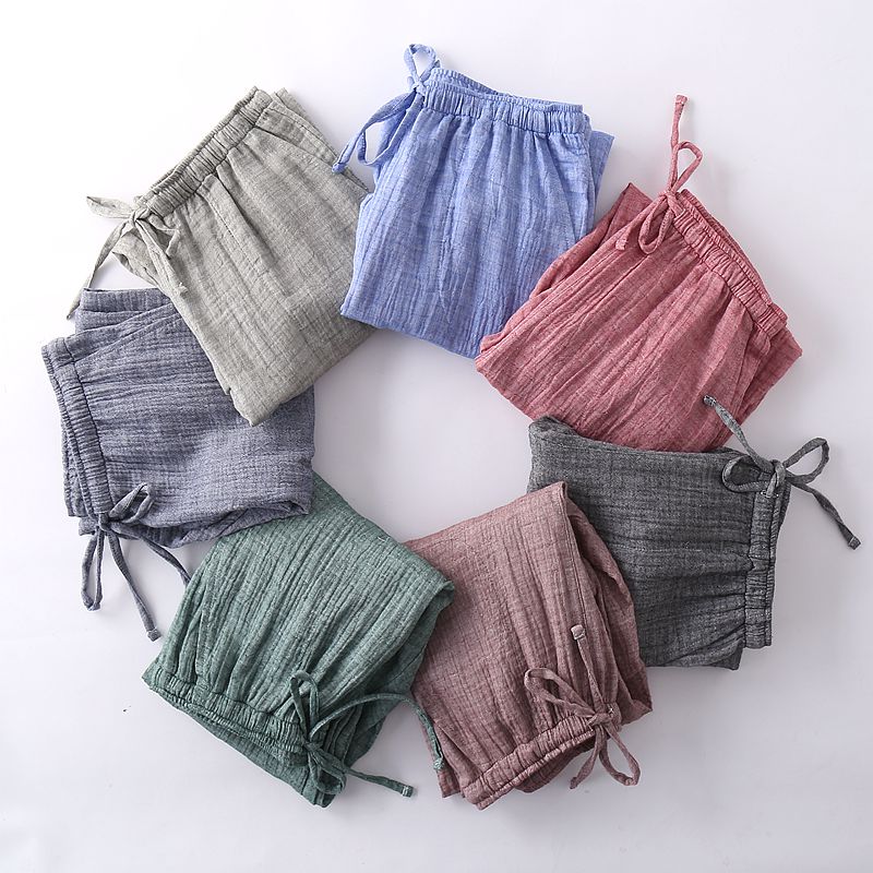 Đồ ngủ Nhật Bản nam nữ mùa xuân và mùa thu nhà quần cotton giặt đôi gạc lỏng thoải mái quần giản dị quần ống suông nữ