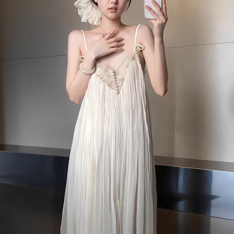 Sexy White Lace Suspender Dress for Girls, Holiday Style Long Dress, Sleeveless, Elegant One-Piece, Natural Waist-Cinching