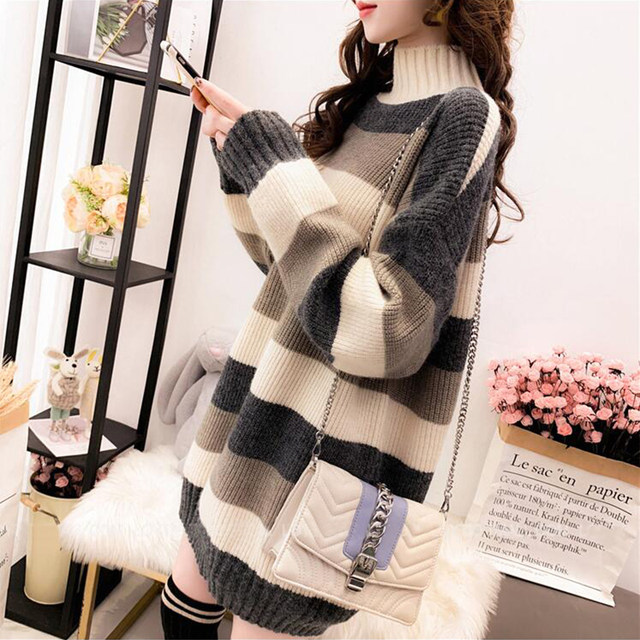 Thick sweater women's autumn and winter loose mid-length pullover half-high collar sweater fashion all-match bottoming skirt coat trendy