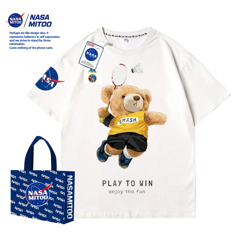Nasamitoo Badminton Bear Sports Top Summer Versatile Loose Couple Student Short-Sleeve T-Shirt Men's Thin Style Nasamitoo Badminton Bear Sports Top Summer Versatile Loose Couple Student Short-Sleeve T-Shirt Men's Thin Style