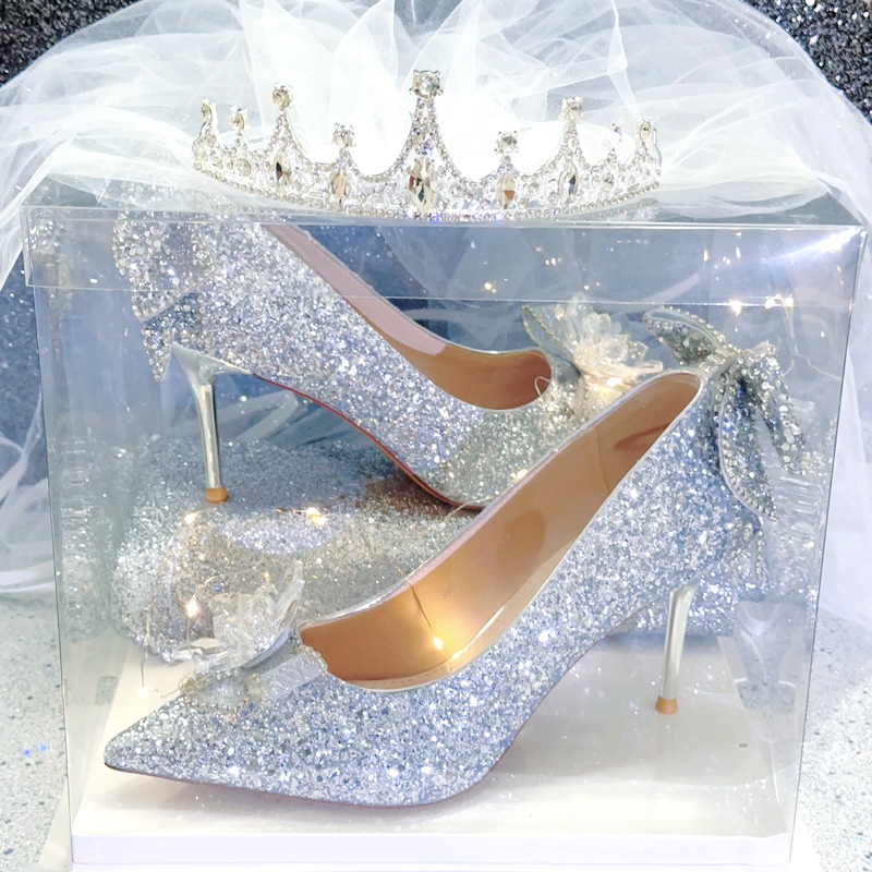 Bridal Glass Rhinestone Crystal He Xiu Coming-Of-Age Ceremony Wedding Dress Banquet Silver Sequin Stiletto Bow High Heels Bridal Glass Rhinestone Crystal He Xiu Coming-Of-Age Ceremony Wedding Dress Banquet Silver Sequin Stiletto Bow High Heels