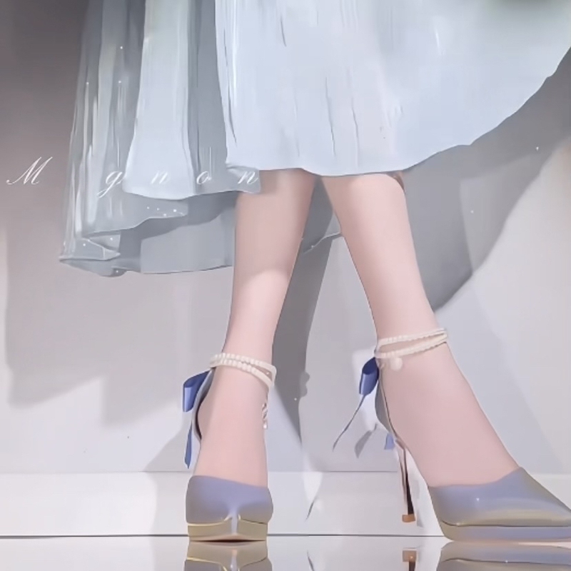 Waterproof Blue 8cm Women's High Heels New Hollow Pearl Chain Bow Women's Stiletto Heel Baotou Women's Shoes