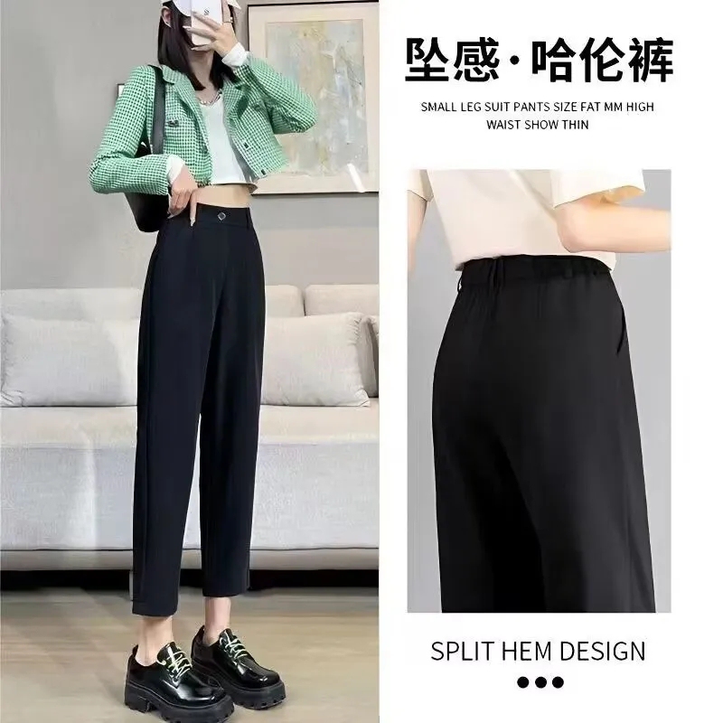 Black Women's Summer Thin High-Waisted Loose Slimming Straight-Leg Pants with Drape Effect, Professional Casual Cropped Harem Pants