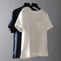 100 linen unzzled in summer mens comfortable and breathable single pocket round collar foreign trade short sleeve T-shirt blouses