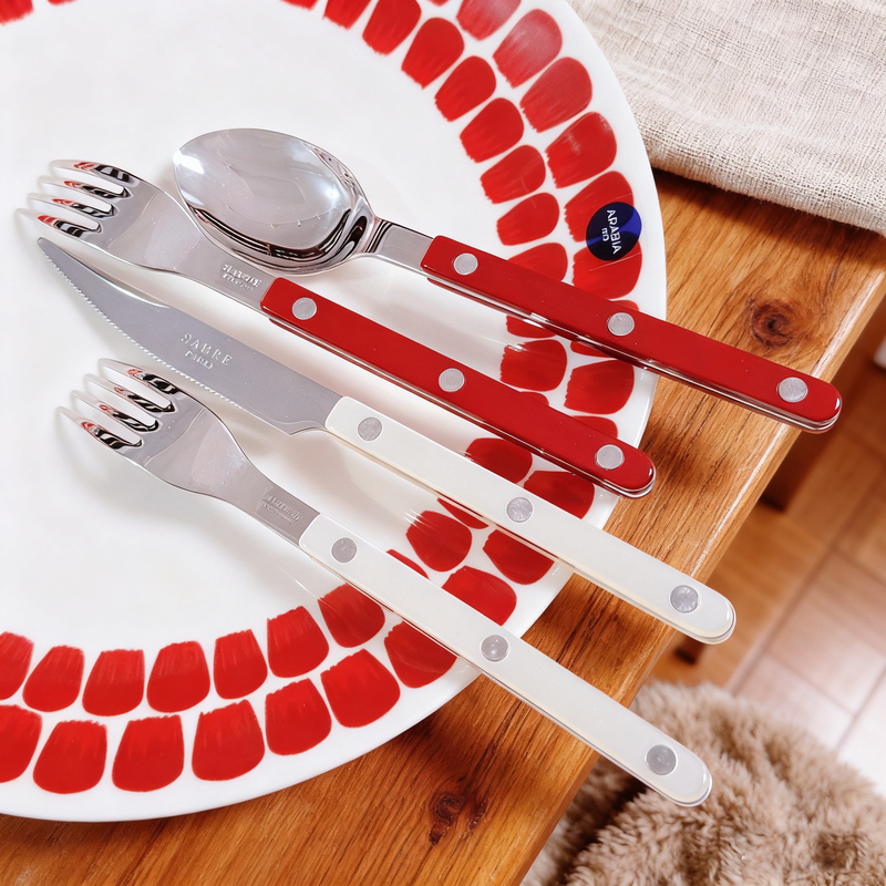 French Sabre Paris Bistro's New Pearlescent Series Pearl White/Cherry Red Stainless Steel Tableware French Sabre Paris Bistro's New Pearlescent Series Pearl White/Cherry Red Stainless Steel Tableware