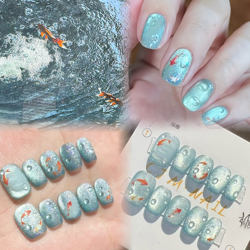 Handmade Spring and Summer Small Fish Koi Good Luck Blue Cat Eye Nail Art Wearable Nails Short Style 2026 High-End Niche Whitening Effect