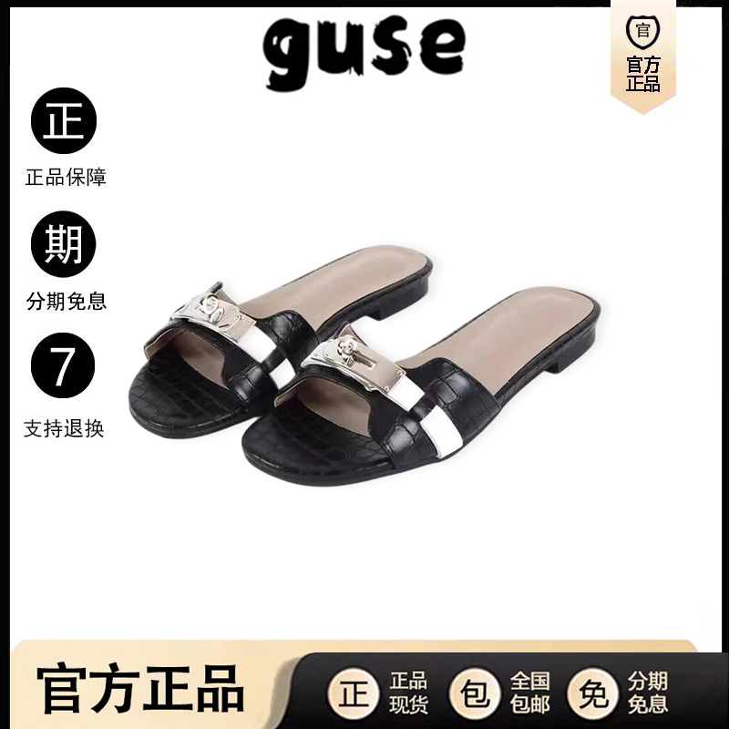 [in Stock] Korean Guse Slippers with Crocodile Pattern Genuine Leather High Heels for Women, Korean Style Chunky Heel Sandals for Summer