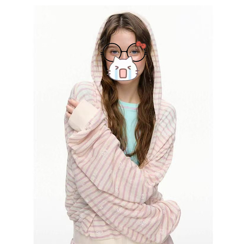 Light Pink Cardigan, Thin Long-Sleeved Jacket, Girly Bow Striped Sun Protection Blouse, Loose Hooded Sweatshirt
