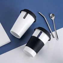 ins handy cup Office outdoor car coffee cup Large capacity ceramic cup with lid spoon Female student milk tea cup