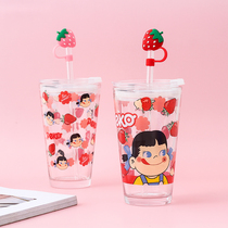 Japanese cute strawberry glass water cup girl heart straw cup Small fresh student drinking water cup heat-resistant large capacity