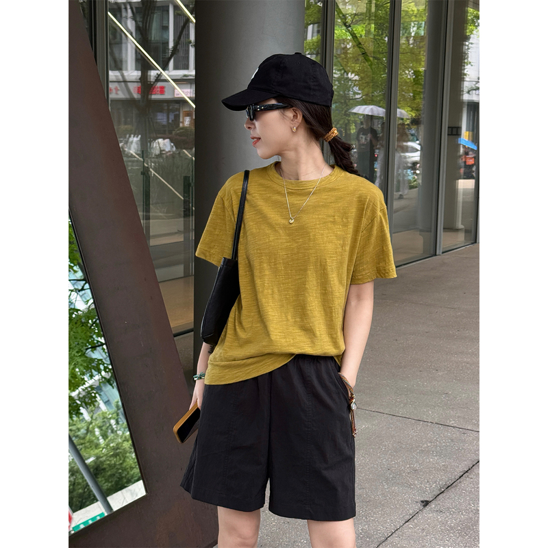 Beibei [Mustard Yellow] Yellow Pure Cotton Short-Sleeved T-Shirt for Women 2026 New Summer Round Neck Slimming Loose Top