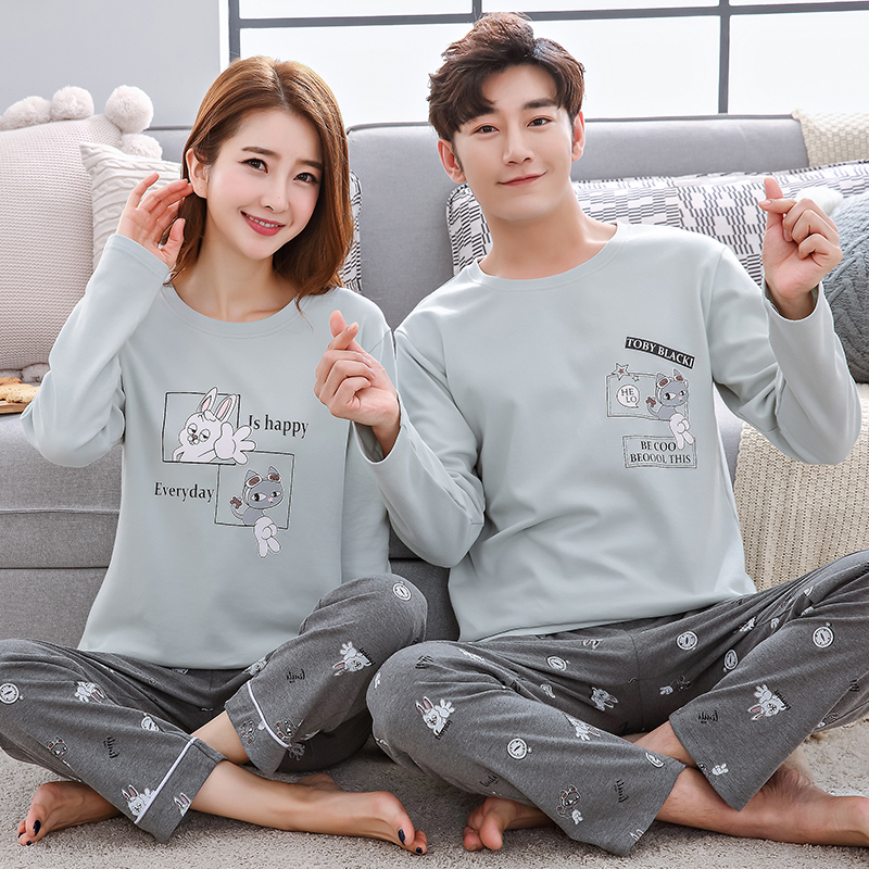 Bộ đồ ngủ đôi dài tay phù hợp với cotton nữ mùa thu đồ ngủ mùa xuân và mùa thu nam dịch vụ tại nhà phiên bản Hàn Quốc có thể được mặc đồ bộ kiểu