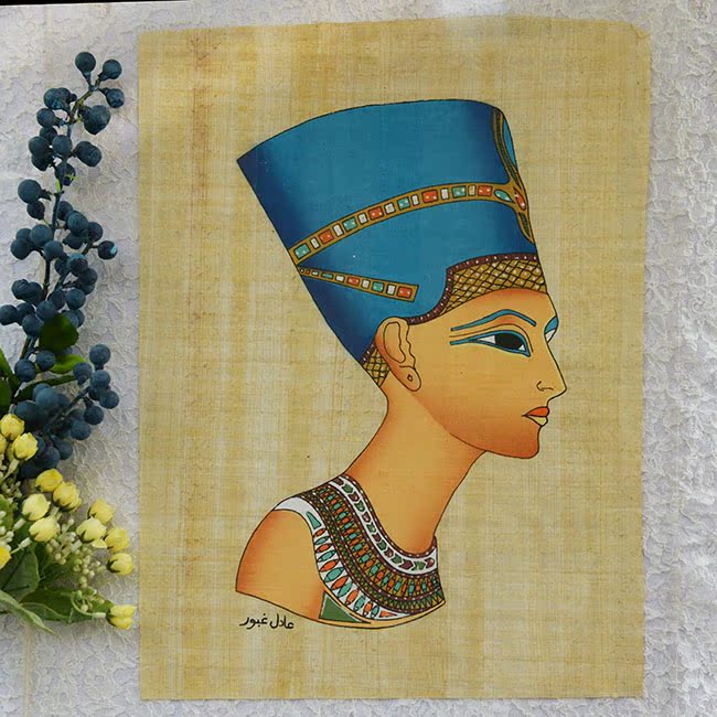  Egyptian hand painted paper Sagrass painted with five colorful gold Pink Nefiti 41*31cm
