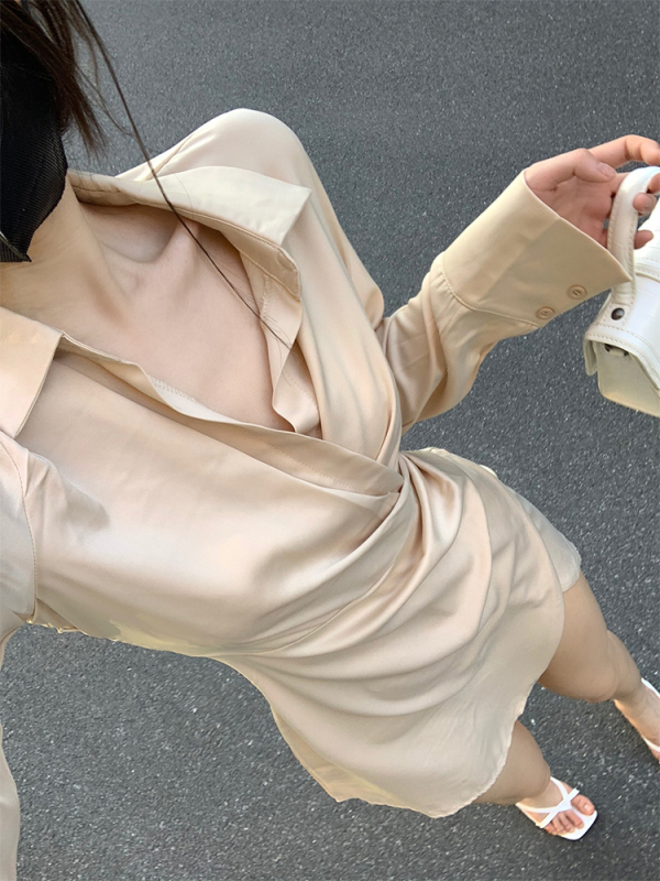 Champagne-Colored Satin Elegant Shirt Dress for Women, Autumn 2025 New Style, Waist-Cinching, Asymmetrical, Pure and Sexy Dress